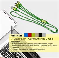 CPP-4619 - 3’ Metallic 3-in-1 Cable with Type C USB